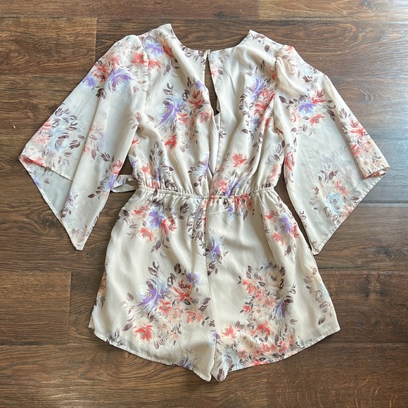 Charlotte Russe Floral Kimono Romper | Light Pink Romper | Low Cut Romper - Picture 5 of 9